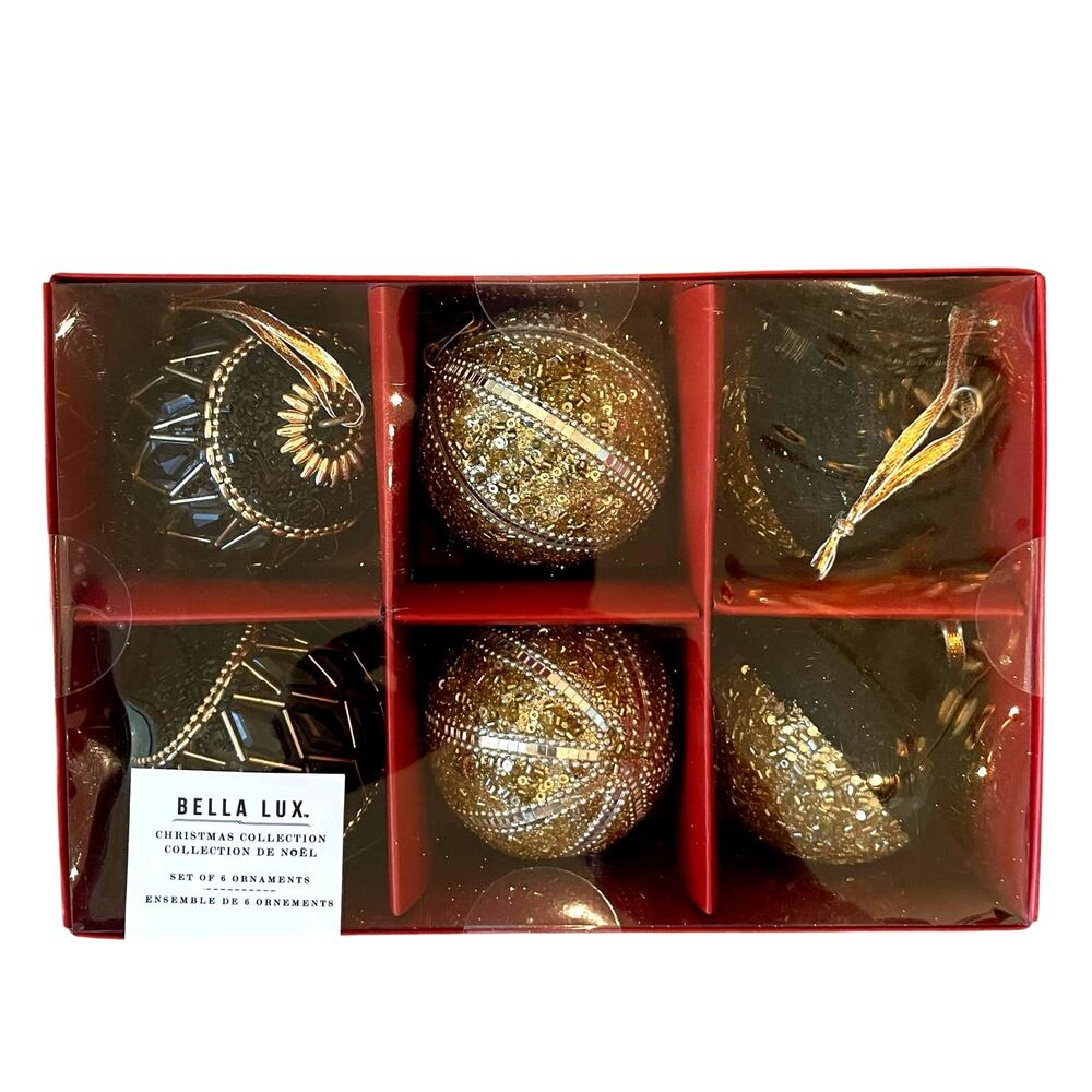 BELLA LUX Gold Black Beaded Christmas Ornaments 2.5in Set of 6 Holiday Glam NEW